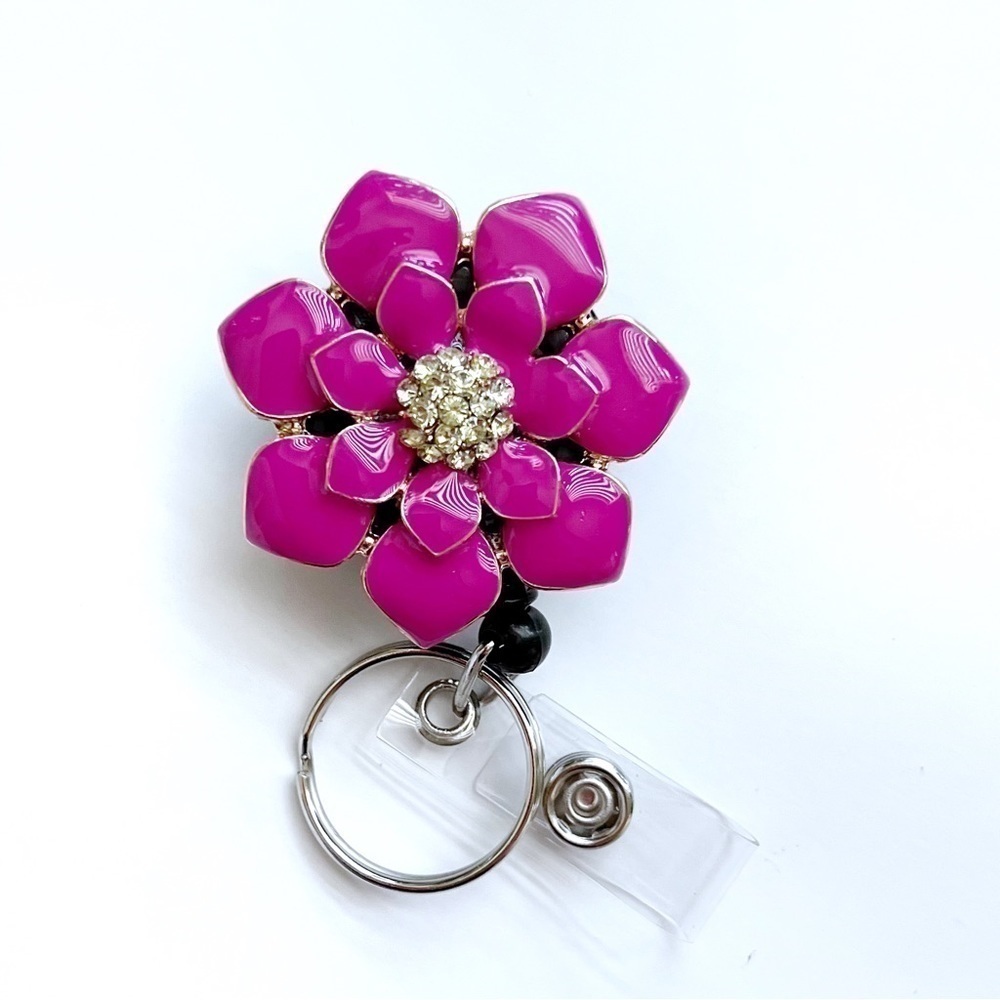 FLORAL Fushia ID Badge Reel with Key Ring